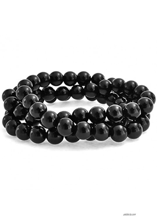 Bling Jewelry Unisex Stackable Set of 3 Gemstone Round Bead 8MM Stretch Bracelet for Women Teen Men Multi Strand Stacking Adjustable