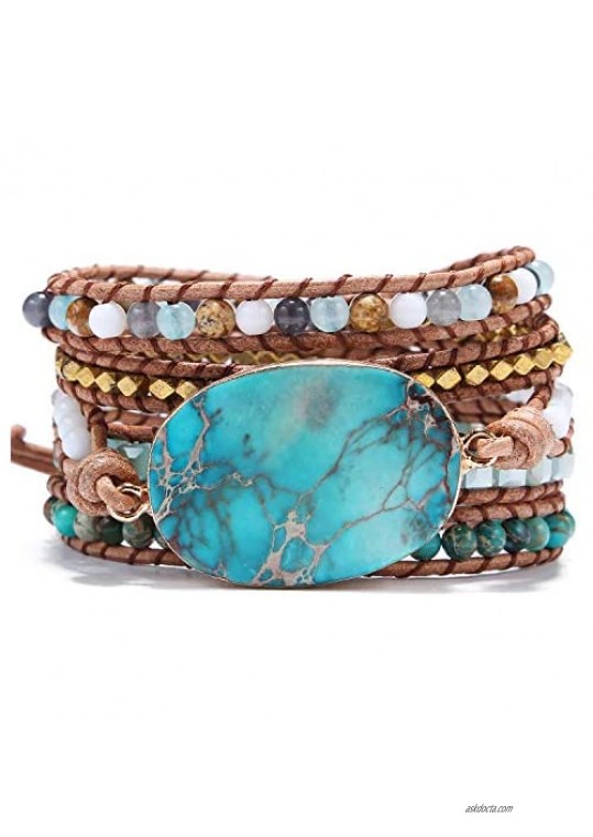 Bonnie Handmade Leather 5 Wraps Bracelet Jasper Beads Multi-Layer Yoga Bracelets Mix Colorful Gemstone Healing Bracelets