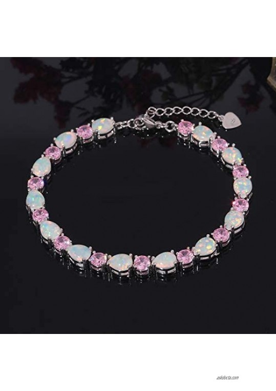 CiNily Opal Tennis Bracelet October Birthstone Bracelets for Women 14K White Gold Plated Oval Fire Opal Jewelry