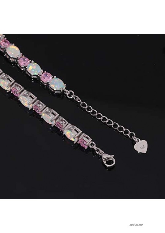 CiNily Opal Tennis Bracelet October Birthstone Bracelets for Women 14K White Gold Plated Oval Fire Opal Jewelry