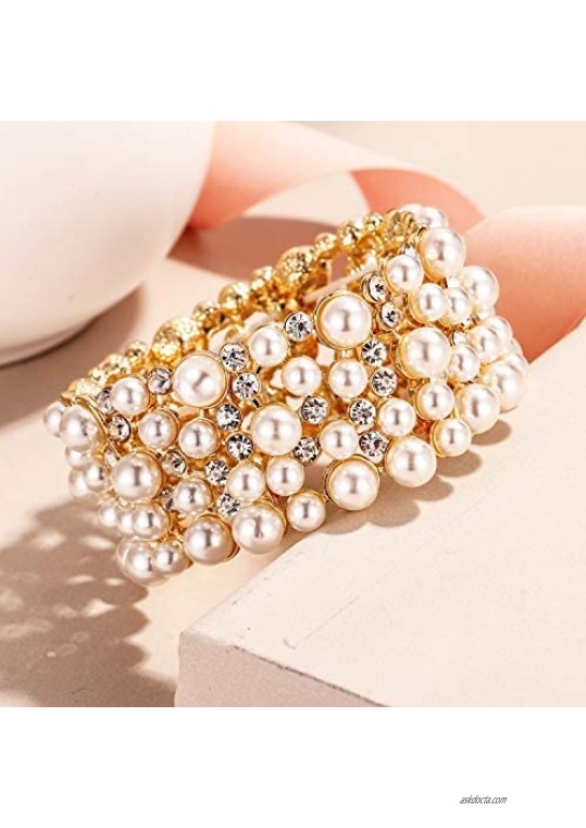 EVER FAITH Women's Crystal Simulated Pearl Stunning Bridal Wedding Hollow Elastic Stretch Bracelet