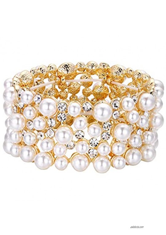 EVER FAITH Women's Crystal Simulated Pearl Stunning Bridal Wedding Hollow Elastic Stretch Bracelet