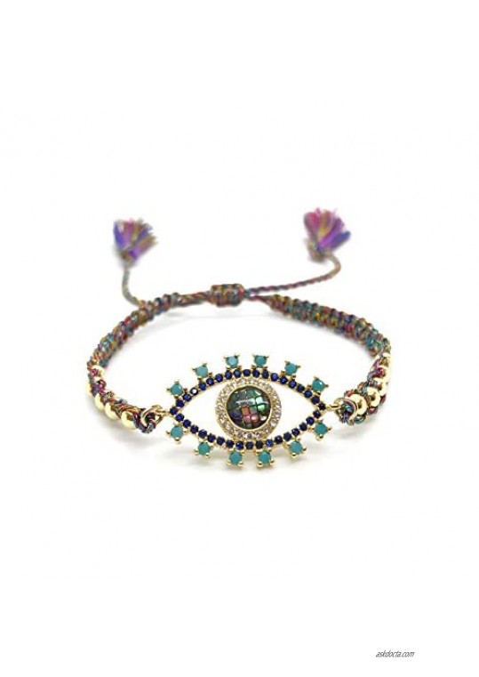 Evil Eye Gold Beads Braided Bracelet Adjustable with Charm Colored Tassels