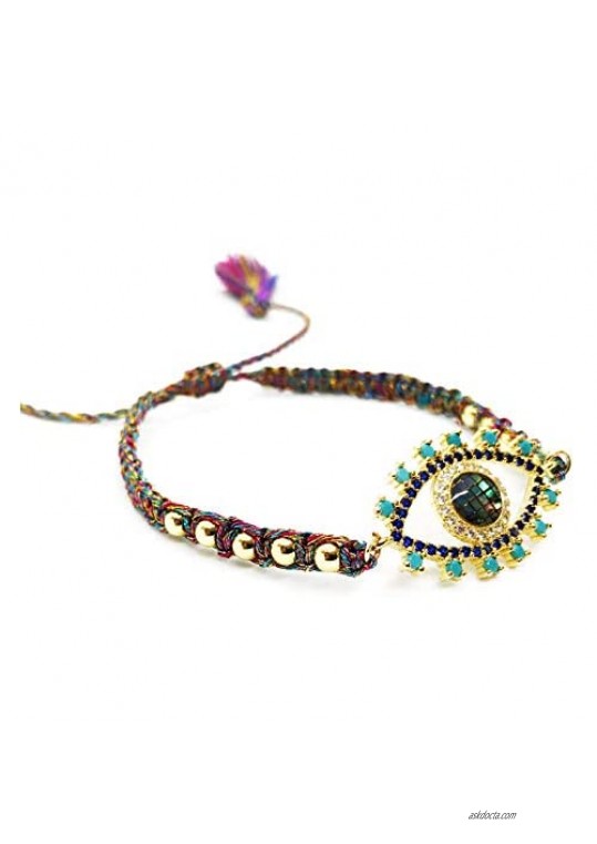 Evil Eye Gold Beads Braided Bracelet Adjustable with Charm Colored Tassels