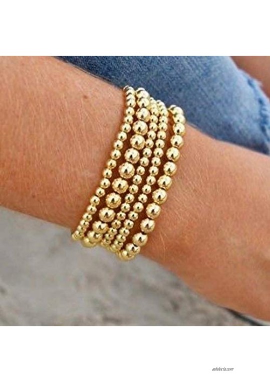Femtindo 14K Real Gold Plated Bead Bracelet Set 4/5/6mm Inspirational Strech Stack Elastic Beaded Bracelets for Women Men