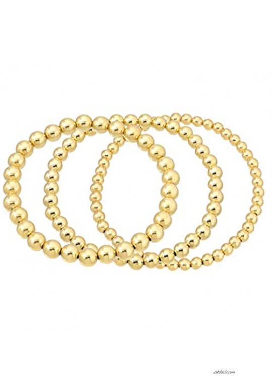 Femtindo 14K Real Gold Plated Bead Bracelet Set 4/5/6mm Inspirational Strech Stack Elastic Beaded Bracelets for Women Men