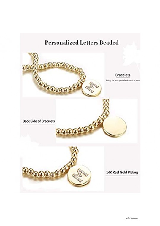 HAIAISO Initial Bracelets 14K Gold Plated Beaded Bracelets Personalized Letters Adjustable Stackable Charm Bracelet for Women