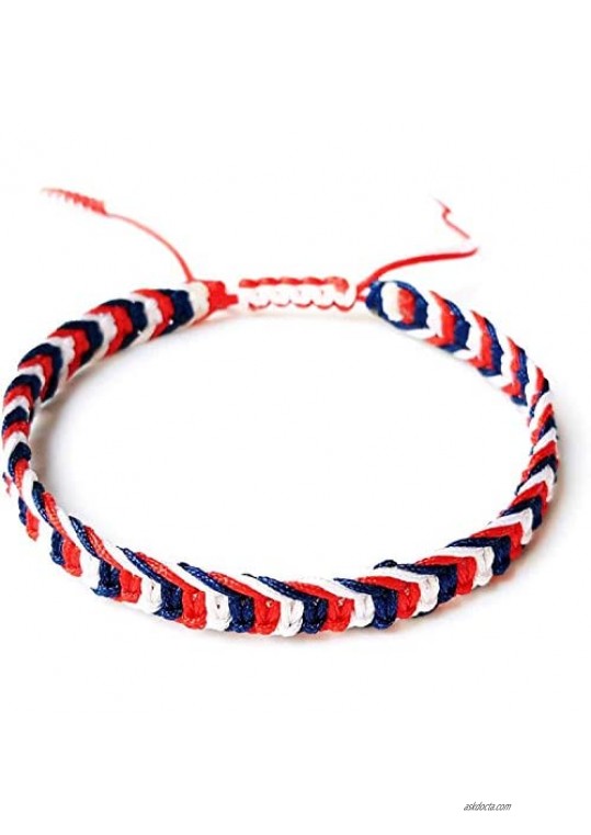 Handmade Lucky Knot Handmade USA Flag Color Blue Red Mix White Bracelet Charm Bead Amulet and Boho Style Rope Bracelet and Bangles For Women Men Wax Thread Bracelets Pack in GIFTBOX
