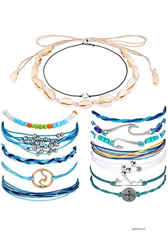 Hicarer 14 Pieces Shell Necklace Choker Boho Braided Rope Bracelets Waterproof Handmade Bracelets for Women Girls