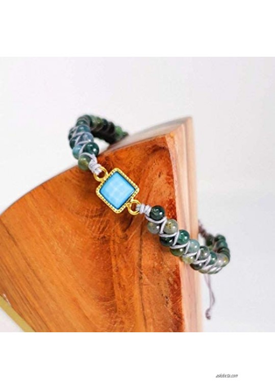 Jade Stone Bracelet - Adjustable Double Wrap Bead Bracelets for Women - Blue Bright Centerpiece Natural Stone Beads Bracelet - Princess Cut Stone Bracelet for Women & Girls -Adjustable 6.5-9.5