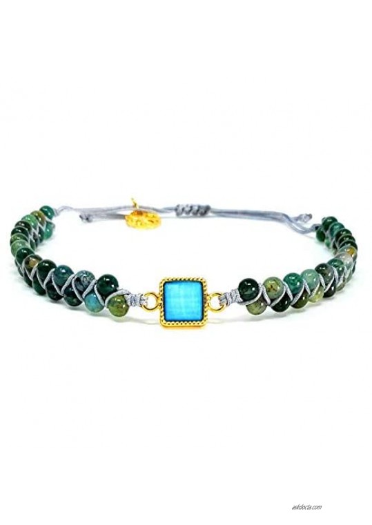 Jade Stone Bracelet - Adjustable Double Wrap Bead Bracelets for Women - Blue Bright Centerpiece Natural Stone Beads Bracelet - Princess Cut Stone Bracelet for Women & Girls -Adjustable 6.5-9.5
