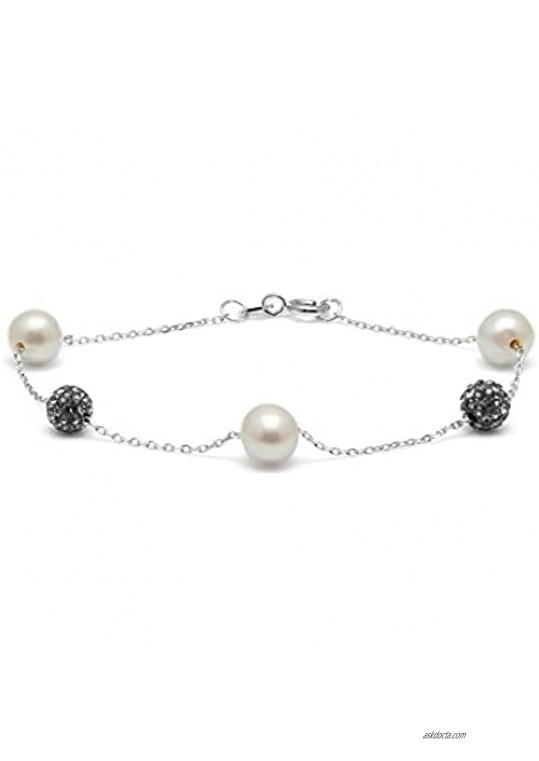 Kyoto Pearl White Freshwater Cultured Round Pearl and Crystal Bracelet with 925 Sterling Silver Chain (7-8mm)  7.5"