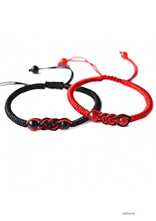MENGLINA Men Women Hand-Woven Chinese Knot Black and Red Rope Couple Bracelets Natural Agate Stone Beads Braided Lucky Feng Shui Bracelet Love Jewelry