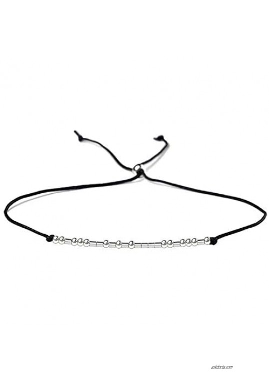 Morse Code Bracelet For Women - Sterling Silver Beads on Silk Cord Friendship Bracelet Gift for Her