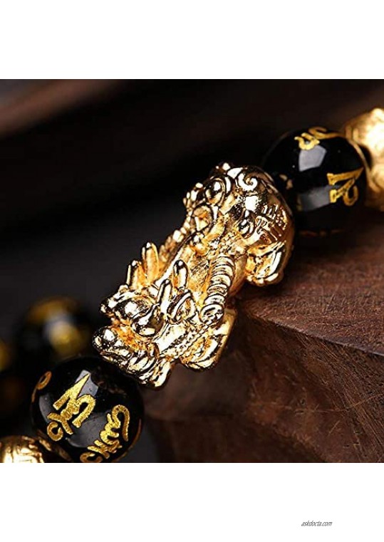 nakido Feng Shui Black Obsidian Wealth Bracelet Feng Shui The Best 12mm Black Hand Carved Mantra Bead Bracelet Bracelet With Golden Pixiu Pi Yao Attract Wealth Money Feng Shui Bracelet