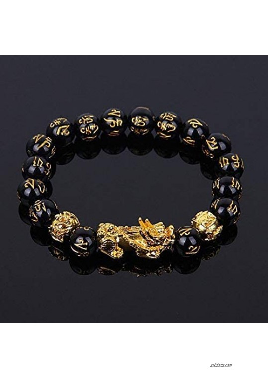 papasgix Pi Xiu Bracelet Feng Shui Black Obsidian Wealth Bracelet Pixiu Bracelets for Men Hand Carves Mantra Bands for Women Elastic Bracelets