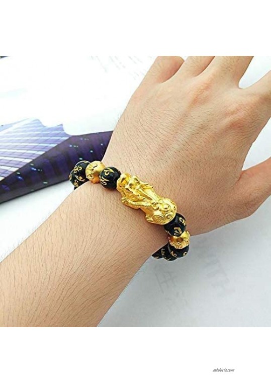 Pi Xiu Bracelet Feng Shui Black Obsidian Wealth Bracelets Adjustable Elastic Band Mantra Amulet Bracelet for Women Men Girls