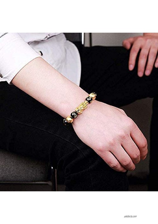 Pi Xiu Bracelet Feng Shui Black Obsidian Wealth Bracelets Adjustable Elastic Band Mantra Amulet Bracelet for Women Men Girls