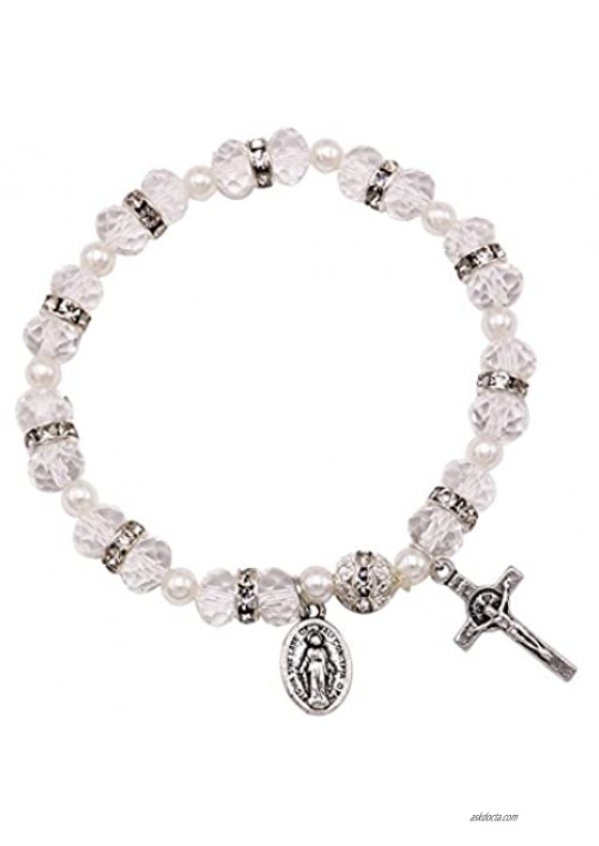 Rosemarie Collections Women's Beaded Stretch Rosary Bracelet with Crucifix and Miraculous Medal