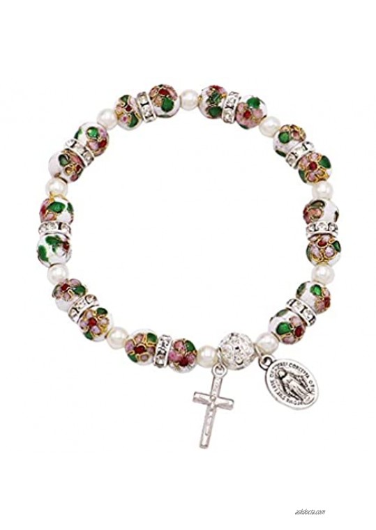 Rosemarie Collections Women's Cloisonne Beaded Stretch Rosary Bracelet with Crucifix and Miraculous Medal