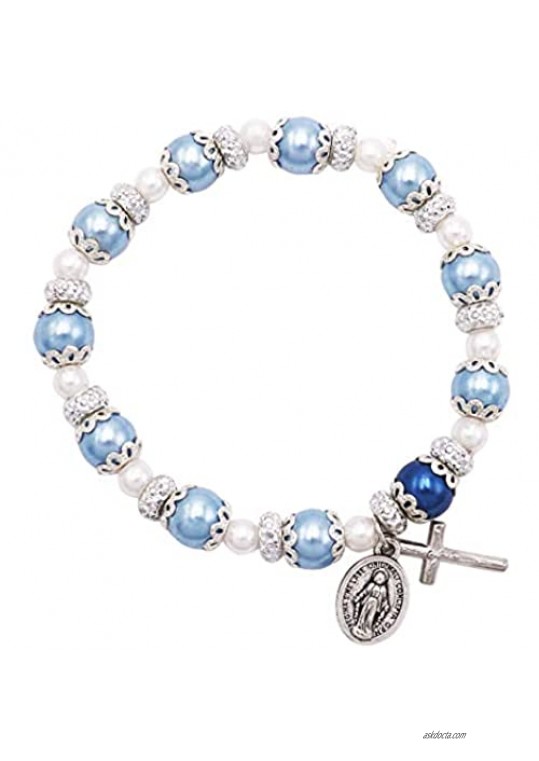 Rosemarie Collections Women's Simulated Pearl Beaded Stretch Rosary Bracelet with Crucifix and Miraculous Medal