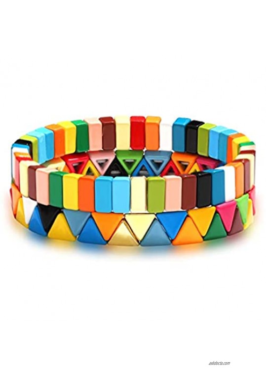 SHAMARTE Rainbow Enamel Tile Beaded Stretch Bracelet Stackable Colorful Mosaic Block Beads Strand Bangle Bracelet Suit Up for Unisex