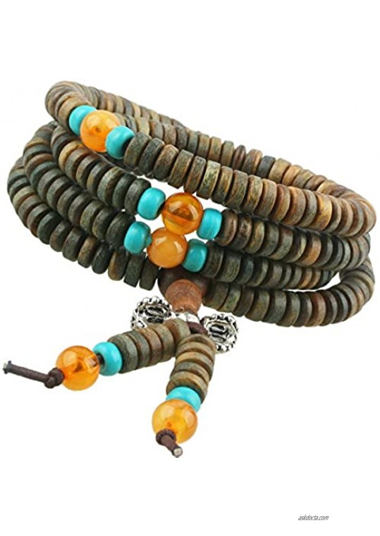 SUNYIK Tibetan Buddhist Mala Bracelet Natural Wood Beaded Prayer Bead for Meditation