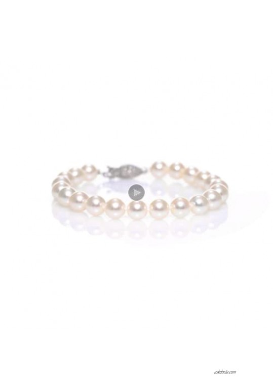 THE PEARL SOURCE 18K Gold 7-7.5mm Round White Japanese Akoya Saltwater Cultured Pearl Bracelet for Women