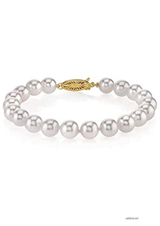 THE PEARL SOURCE 18K Gold 7-7.5mm Round White Japanese Akoya Saltwater Cultured Pearl Bracelet for Women