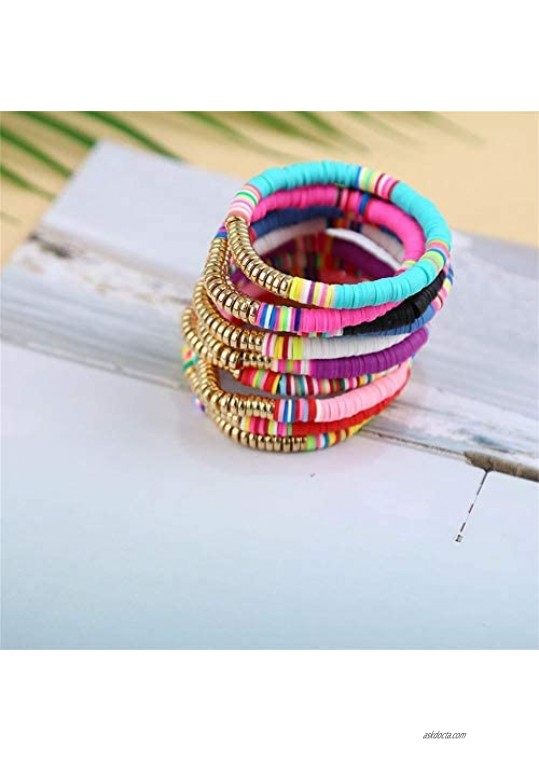 The Woo's 10Pcs Colorful Polymer Clay Bracelets Handmade Rainbow Disc Bead Elastic Rope Stretch Bracelets Boho Beaded Bracelet Set Summer Beach Surf Stackable Jewelry for Women Girl