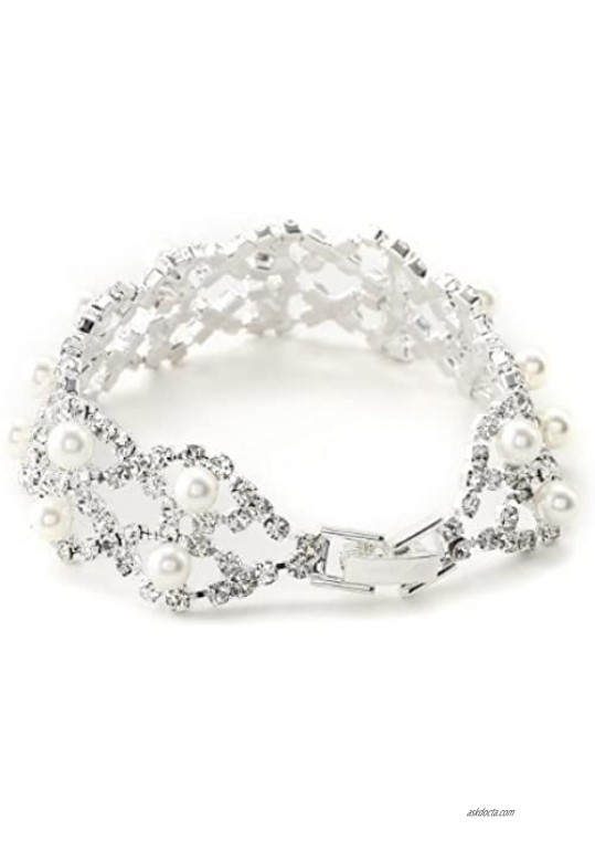 Topwholesalejewel Two Rows White Pearl & Silver Rhinestone Bracelet