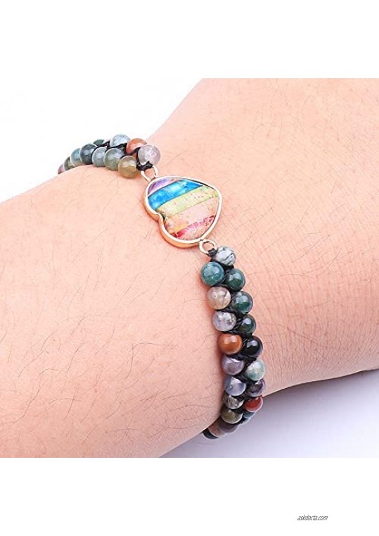 UEUC Chakra Heart-shaped Natural Stone Bracelet Double Braided 4mm Jasper Gemstones Yoga Bracelet Adjustable Bracelet For Women