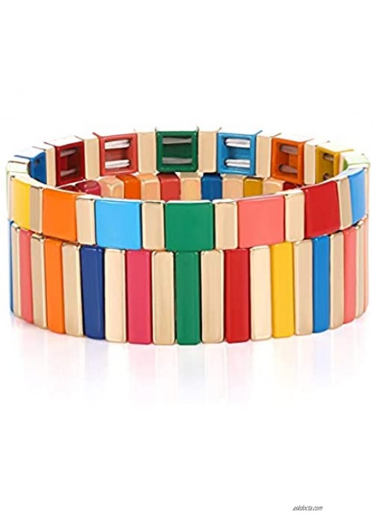 YAHPERN Rainbow Enamel Tile Bracelet Set Colorful Tile Tila Beads Bracelets Rectangle Colorblock Stretch Bracelets Bohemian Stackable Bracelets for Woman Man
